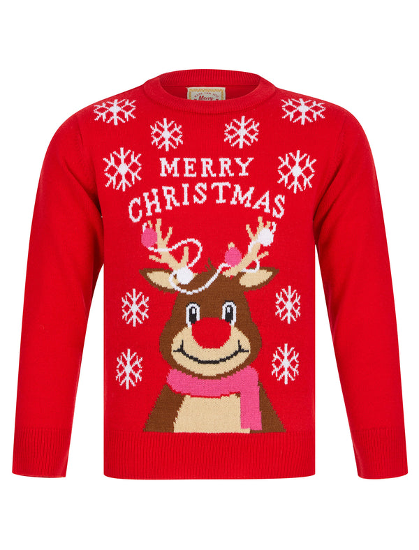 Girl's Reindeer Merry Novelty Christmas Jumper in Tokyo Red - Merry Christmas Kids (4-12yrs)