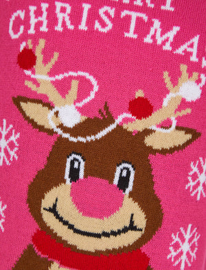 Girl's Reindeer Merry Novelty Christmas Jumper in Fuchsia Purple - Merry Christmas Kids (4-12yrs)