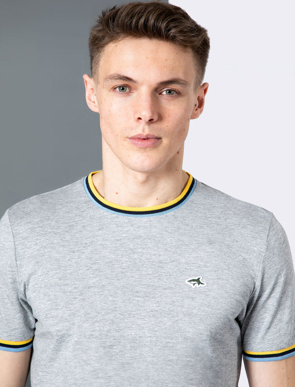 Archer Cotton Jersey T-Shirt with Ribbed Tipping in Light Grey Marl - Le Shark