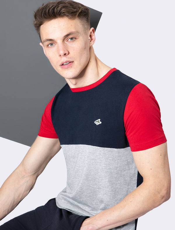 Adon Colour Block Panel Cotton Jersey T-Shirt in Scarlet Sage - Le Shark