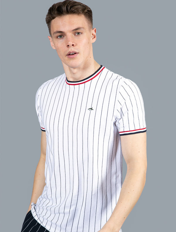 Montague Pinstripe Cotton Jersey T-Shirt with Ribbed Tipping in Bright White - Le Shark