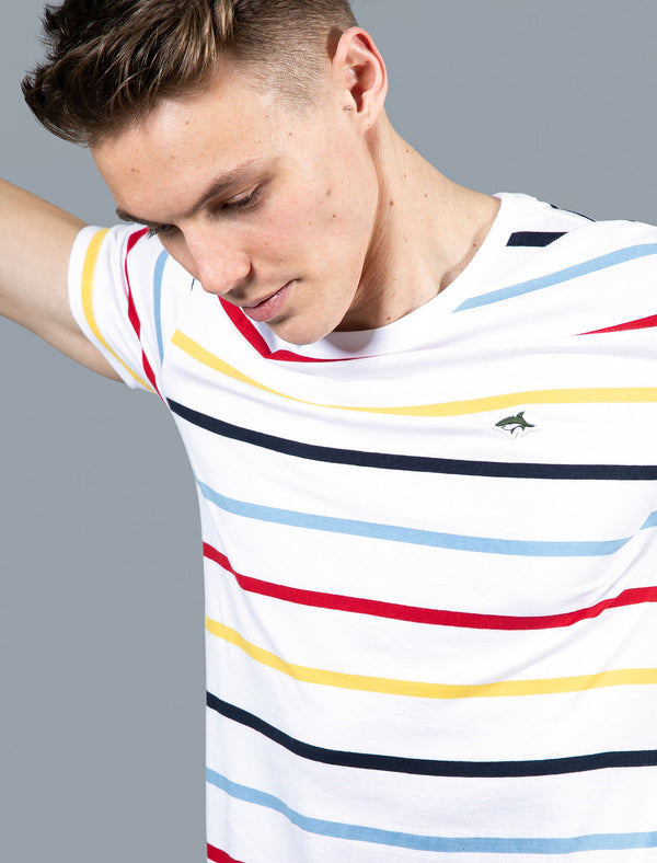 Orchardson Multi-colour Stripe Cotton Jersey T-Shirt In Bright White - Le Shark