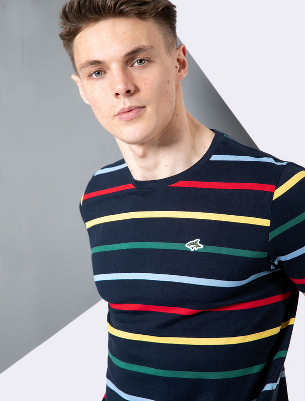 Orchardson Multi-colour Stripe Cotton Jersey T-Shirt In Sky Captain Navy - Le Shark