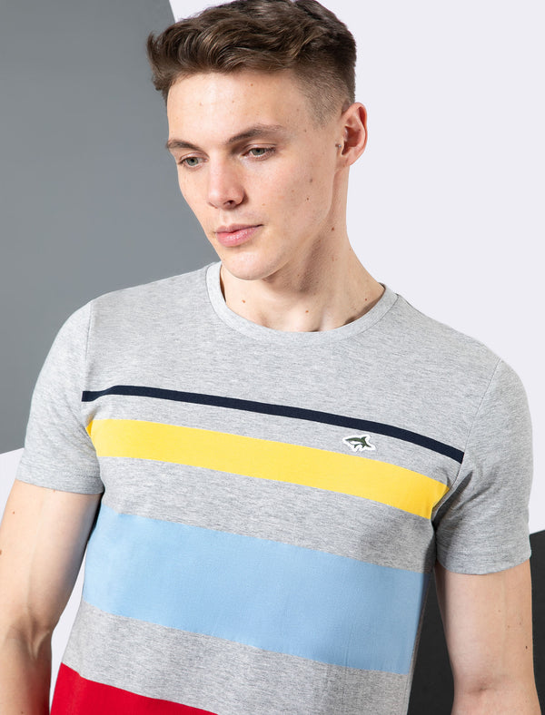 Ormsby Striped Colour Block Cotton T-Shirt In Light Grey Marl - Le Shark