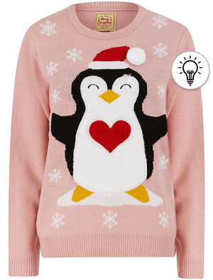 Women's Penguin Hug Motif Novelty Christmas Jumper in Pink Almond Blossom - Merry Christmas