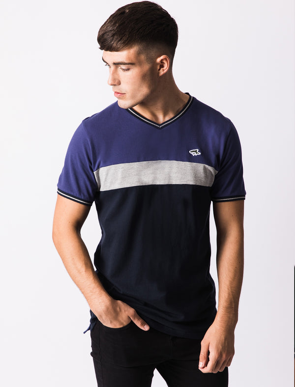 Maddams Colour Block V Neck Cotton T-Shirt In Deep Cobalt - Le Shark