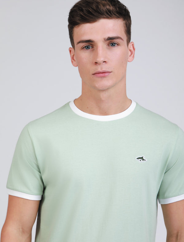 Earl Cotton Jersey Crew Neck Ringer T-Shirt In Silt Green - Le Shark