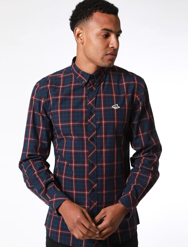 Halton Checked Cotton Long Sleeve Shirt In Tawny Port - Le Shark