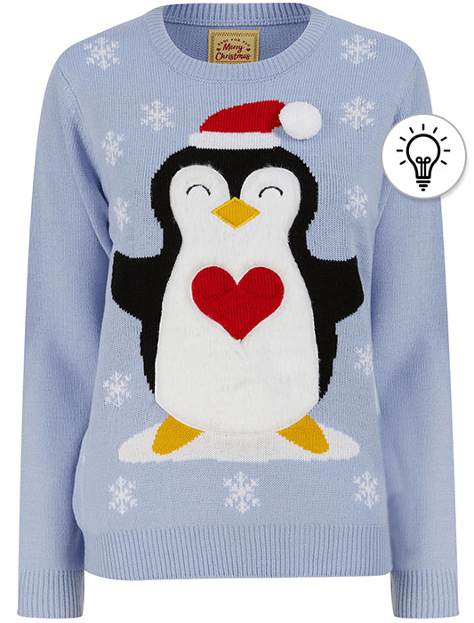 Women's Penguin Hug Motif Novelty Christmas Jumper in Powder Blue - Merry Christmas