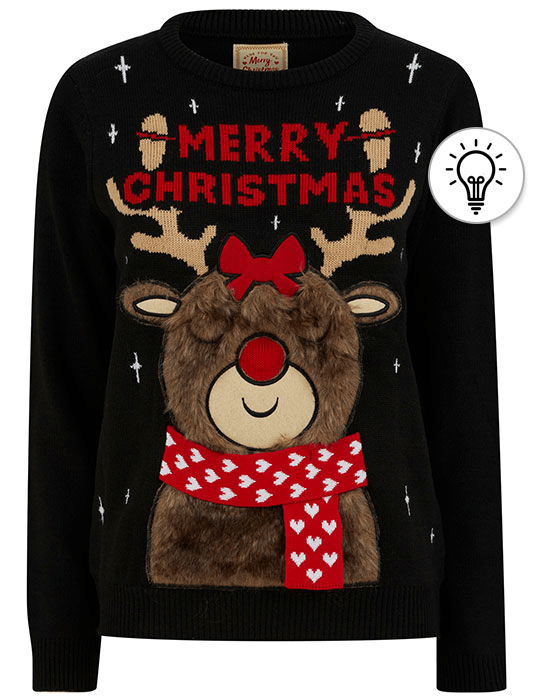 Women's Heart Scarf Motif Novelty Christmas Jumper in Black - Merry Christmas