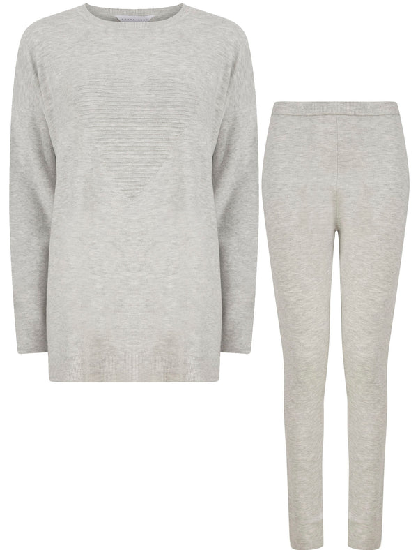 Darcey Love Heart Motif 2 Pc Jersey Knit Top / Pants Lounge Set in Light Silver Marl - Amara Reya