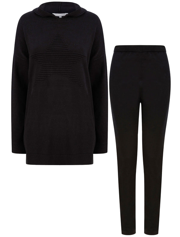Fonteyn Star Motif 2pc Jersey Knit Matching Hoody & Pants Lounge Co-ord Set in Jet Black - Amara Reya