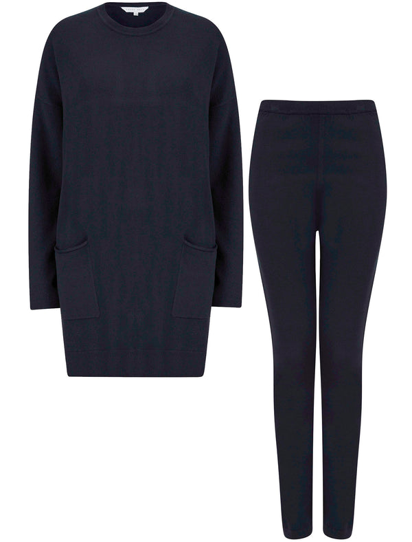 Ninette 2 Pc Jersey Knit Top / Pants Lounge Set in Navy - Amara Reya