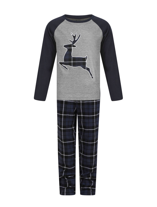 Boy's Reindeer 2pc Lounge Set in Light Grey Marl / Navy Black Check - Merry Christmas Kids (4-12yrs)