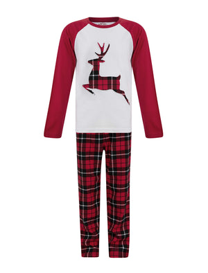 Boy's Reindeer 2pc Lounge Set in White / Red Black Check - Merry Christmas Kids (4-12yrs)