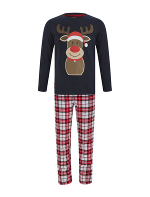 Boy's Rudolph 2pc Lounge Set in Navy / White Red Check - Merry Christmas Kids (4-12yrs)