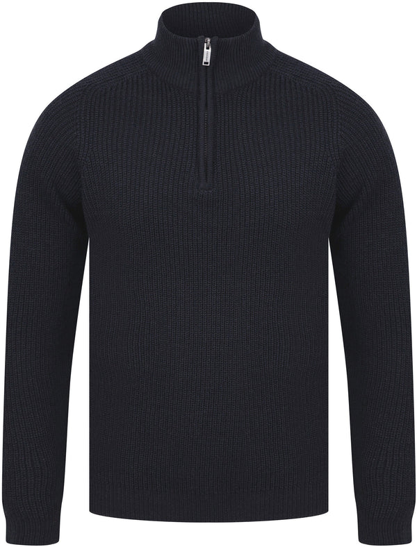 Asteroid Half Zip Funnel Neck Wool Blend Knitted Jumper in Dark Navy - Dissident