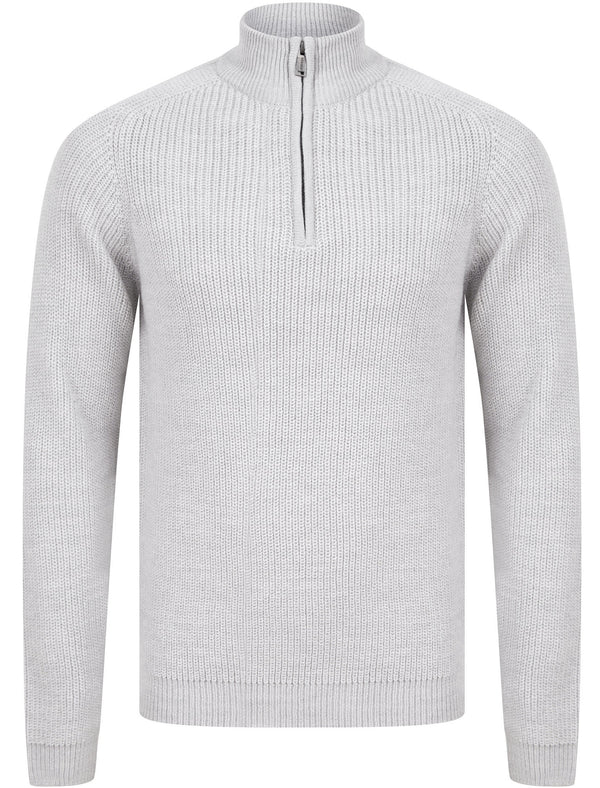Asteroid Half Zip Funnel Neck Wool Blend Knitted Jumper in Light Silver Marl - Dissident