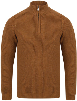 Asteroid Half Zip Funnel Neck Wool Blend Knitted Jumper in Rubber Brown - Dissident