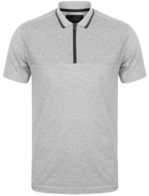 Lyon Zip Neck Cotton Jersey Polo Shirt in Light Grey Marl - Dissident
