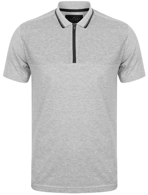 Lyon Zip Neck Cotton Jersey Polo Shirt in Light Grey Marl - Dissident