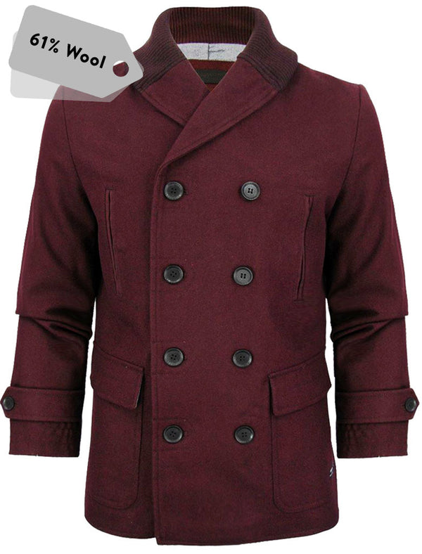 Tehama Double Breasted Wool Rich Pea Coat in Wine - Dissident