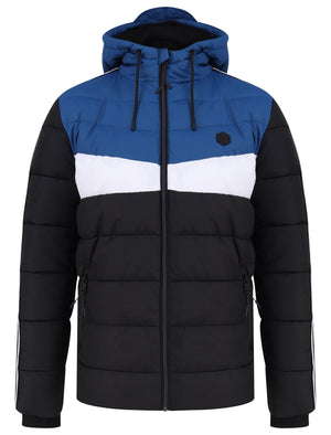 Delmon Hooded Puffer Jacket with Racer Stripe Sleeves In Monaco Blue - Dissident