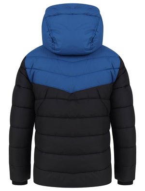 Delmon Hooded Puffer Jacket with Racer Stripe Sleeves In Monaco Blue - Dissident