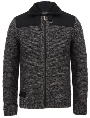 Universal Zip Through Wool Blend Knitted Jacket with Borg Lined Collar in Black / Grey Twist - Dissident