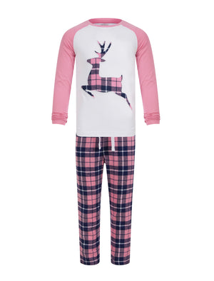 Girl's Reindeer 2pc Lounge Set in Pink / Pink Navy Check - Merry Christmas Kids (4-12yrs)