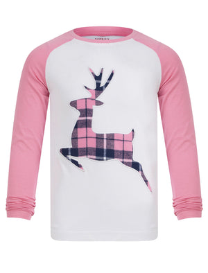 Girl's Reindeer 2pc Lounge Set in Pink / Pink Navy Check - Merry Christmas Kids (4-12yrs)