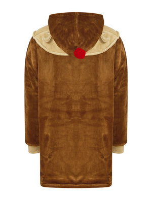 Kids Reindeer Novelty Soft Fleece Borg Lined Oversized Hooded Blanket with Pocket in Brown  - Merry Christmas Kids (4-12yrs)