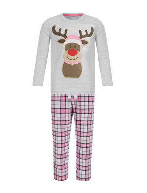 Girl's Rudolph Motif 2pc Lounge Pyjama Set in Ice Grey Marl / Pink White Check - Merry Christmas Kids (4-12yrs)