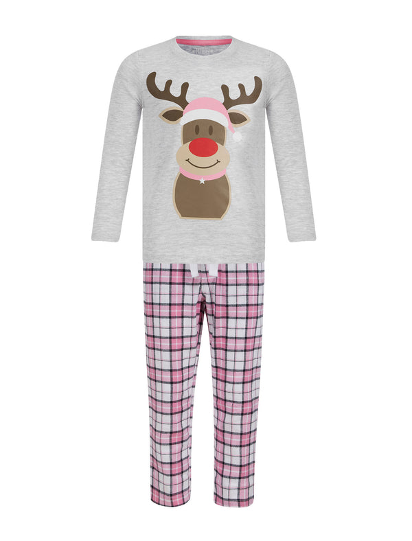 Girl's Rudolph Motif 2pc Lounge Pyjama Set in Ice Grey Marl / Pink White Check - Merry Christmas Kids (4-12yrs)