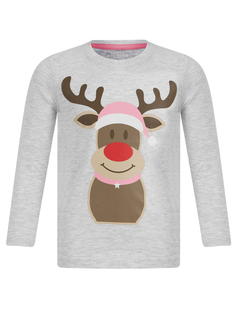 Girl's Rudolph Motif 2pc Lounge Pyjama Set in Ice Grey Marl / Pink Whi ...
