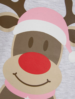Girl's Rudolph Motif 2pc Lounge Pyjama Set in Ice Grey Marl / Pink White Check - Merry Christmas Kids (4-12yrs)