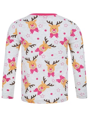Girl's Rudolph Repeat Motif 2PC Lounge Pyjama Set in Ice Grey Marl - Merry Christmas Kids (4-12yrs)