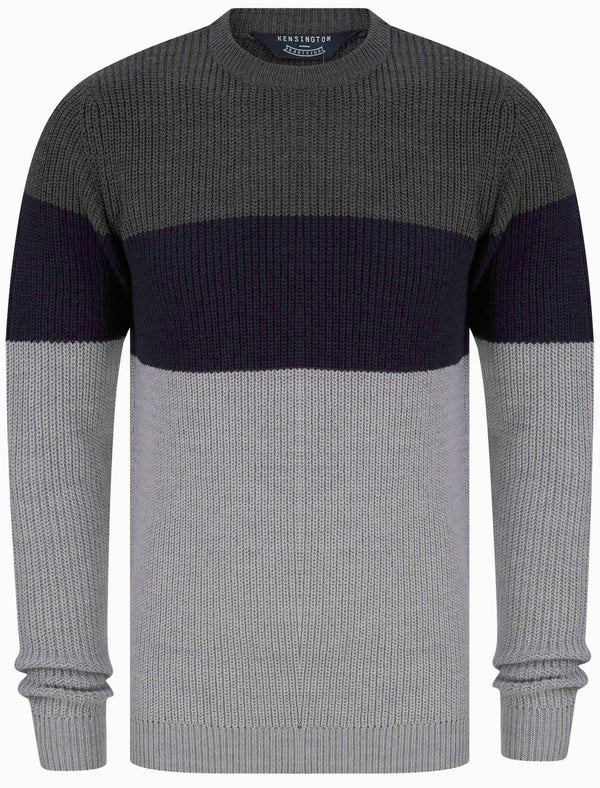 Levy Tri-Colour Block Crew Neck Soft Knitted Jumper in Dark Grey Marl - Kensington Eastside