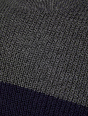 Levy Tri-Colour Block Crew Neck Soft Knitted Jumper in Dark Grey Marl - Kensington Eastside