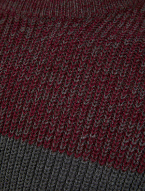 Levy Tri-Colour Block Crew Neck Soft Knitted Jumper in Claret - Kensington Eastside