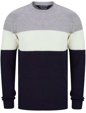 Levy Tri-Colour Block Crew Neck Soft Knitted Jumper in Light Silver Marl - Kensington Eastside