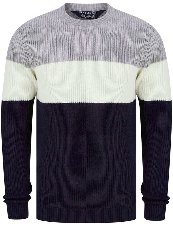 Levy Tri-Colour Block Crew Neck Soft Knitted Jumper in Light Silver Marl - Kensington Eastside