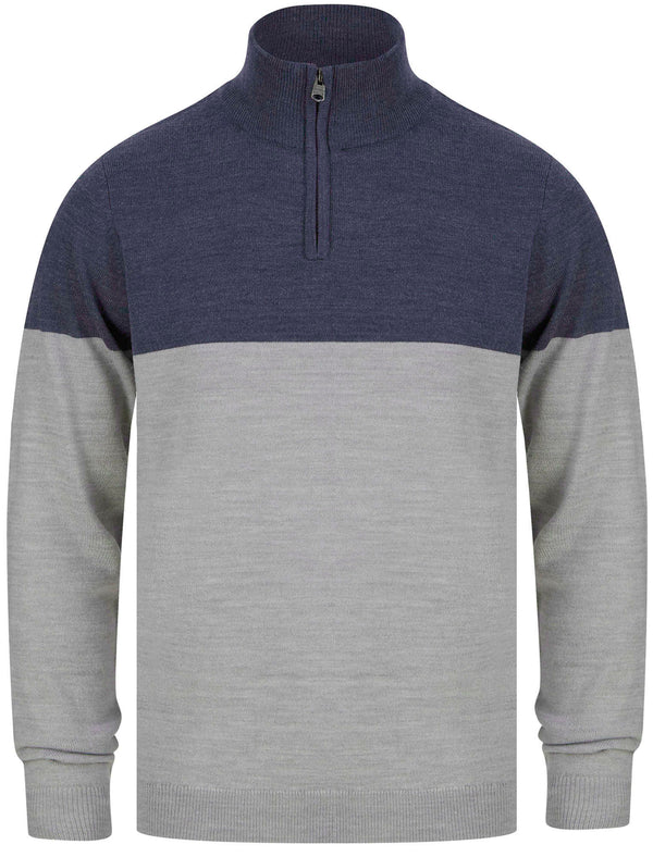 Debmar Half Zip Colour Block Knitted Jumper In Denim Blue - Kensington Eastside