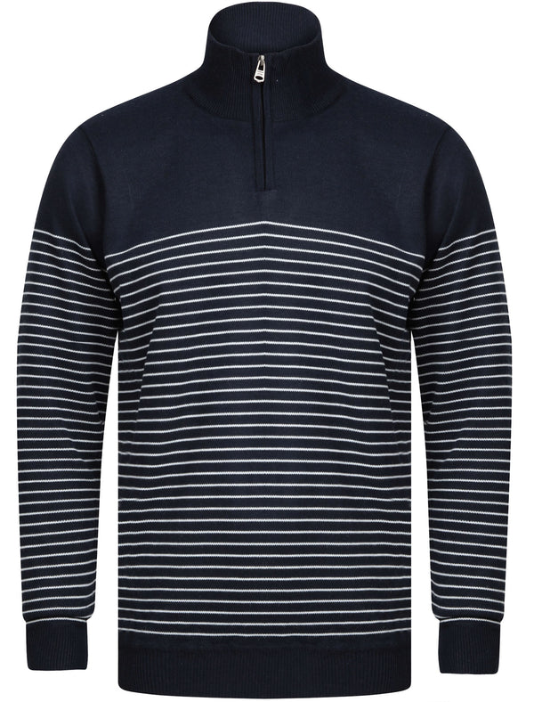 Humphrey Striped Half Zip Neck Knit Jumper in Dark Navy - Kensington Eastside
