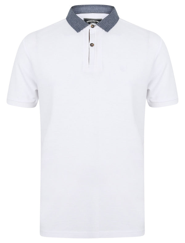 Norland Cotton Pique Polo Shirt with Chambray Collar in Bright White - Kensington Eastside