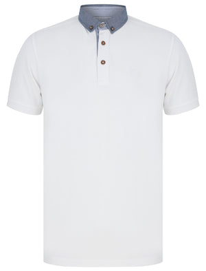 Passmore Cotton Pique Polo Shirt with Chambray Collar in Bright White - Kensington Eastside