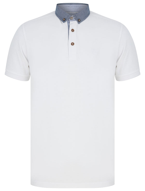 Passmore Cotton Pique Polo Shirt with Chambray Collar in Bright White - Kensington Eastside