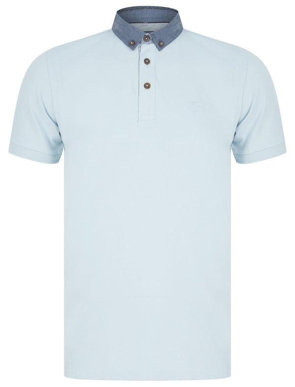 Passmore Cotton Pique Polo Shirt with Chambray Collar in Skyway - Kensington Eastside