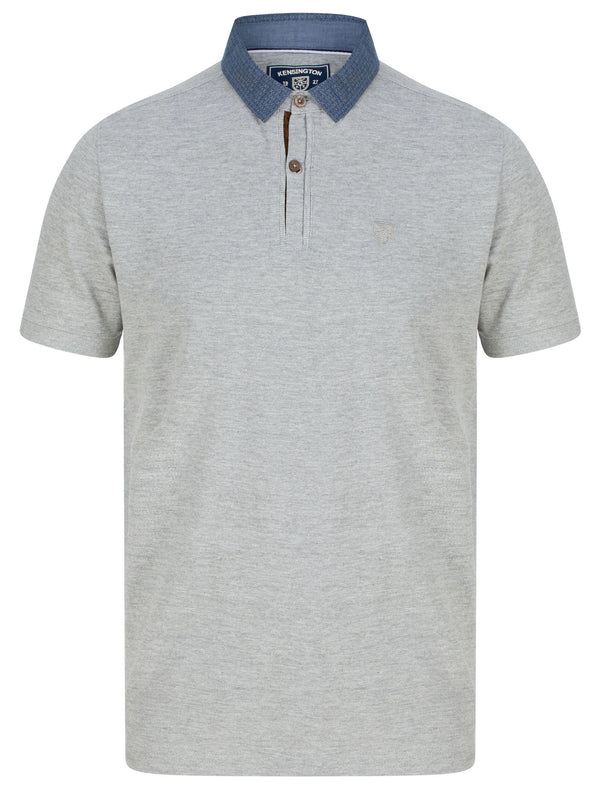 Pastor Cotton Pique Polo Shirt with Pattern Chambray Collar in Light Grey Marl - Kensington Eastside