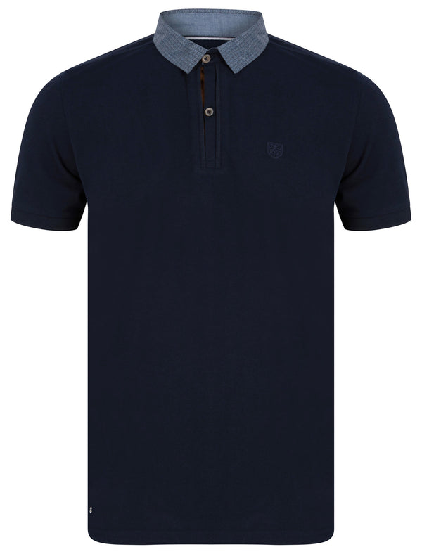 Pastor Cotton Pique Polo Shirt with Pattern Chambray Collar in Sky Captain Navy - Kensington Eastside